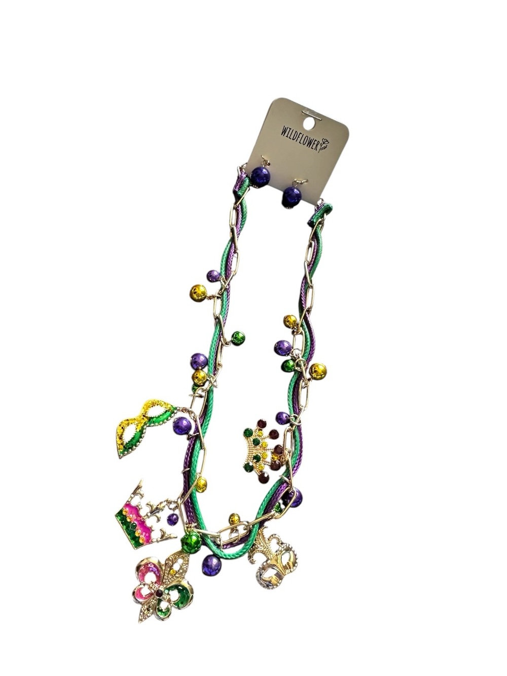 Wildflowers Mardi Gras Charm Necklace and Earring Set - Purple, Green, Gold